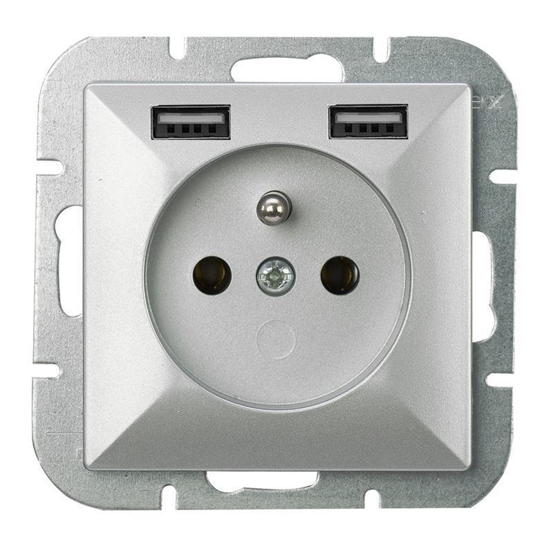 Abex Perła srebrny - gniazdo pojedyncze (+0) PT-16P + 2xUSB