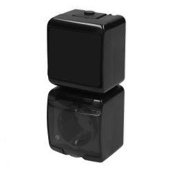 Karlik Junior czarny - łącznik jednobiegunowy z gniazdem SCHUKO IP54 - 12WGHP-1sd