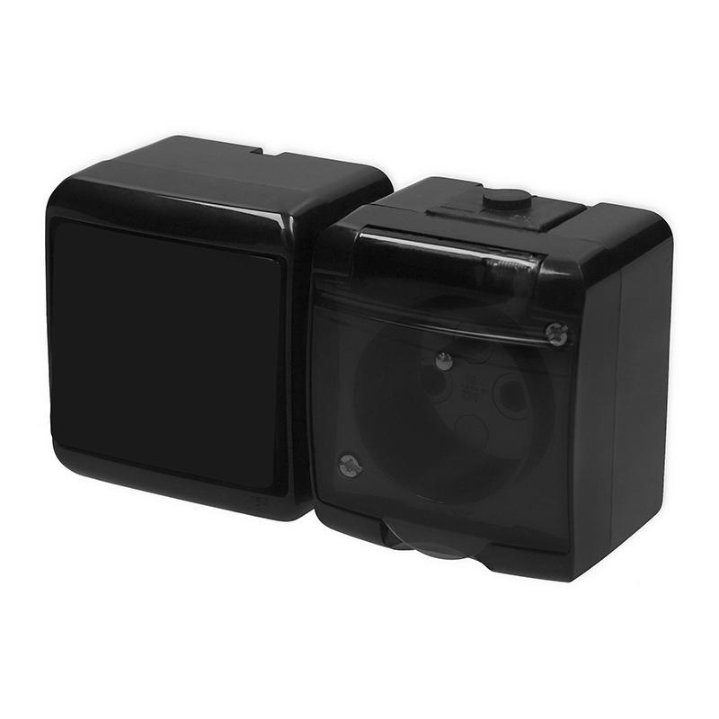 Karlik Junior czarny - łącznik jednobiegunowy z gniazdem IP54 - 12WGHH-1d