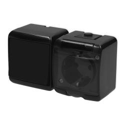 Karlik Junior czarny - łącznik jednobiegunowy z gniazdem SCHUKO IP54 - 12WGHH-1sd