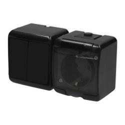 Karlik Junior czarny - łącznik świecznikowy z gniazdem SCHUKO IP54 - 12WGHH-2sd