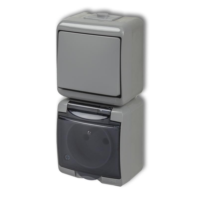 Karlik Junior popiel - łącznik jednobiegunowy z gniazdem IP54 - 10WGHP-1d