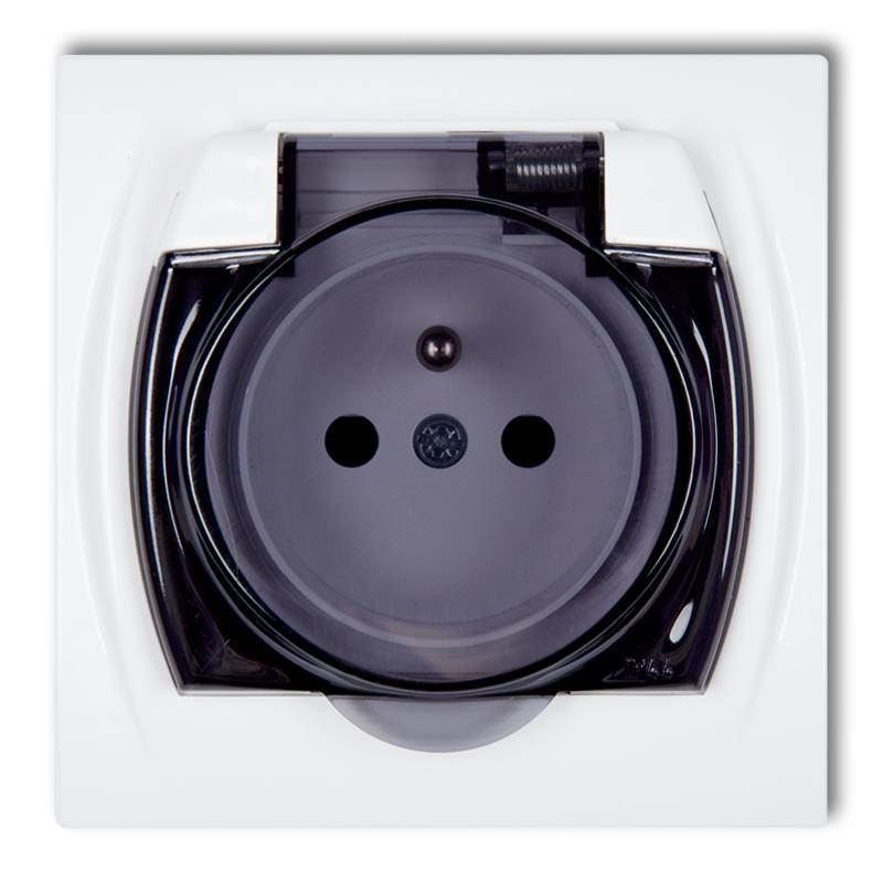 Karlik Logo biały - gniazdo pojedyncze z uziemieniem bryzgoszczelne (klapka dymna) - LGPB-1zd