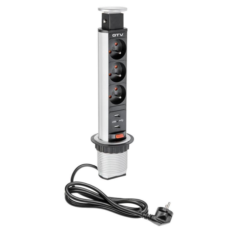 Gniazda wpuszczane w blat 60MM 3x230V, 2xUSB 2,1A 5V - AE-BPW3.60U srebrny