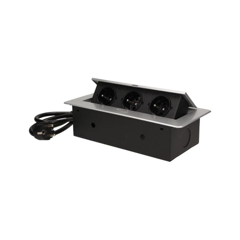 Gniazda wpuszczane w blat 3x250V z frezowanym rantem 1,5 m srebrne OR-AE-1337/G