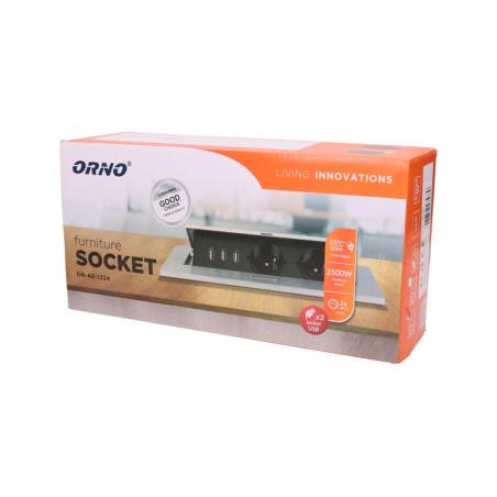 Gniazda wpuszczane w blat 2x250V 3xUSB z grubym rantem OR-AE-1324 czarny