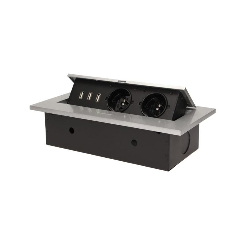 Gniazda wpuszczane w blat 2x250V 3xUSB z grubym rantem OR-AE-1324 srebrny Gniazda wpuszczane w blat 2x250V 3xUSB z grubym rantem OR-AE-1324 srebrny