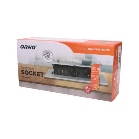 Gniazda wpuszczane w blat 2x250V 3xUSB z grubym rantem OR-AE-1324 srebrny