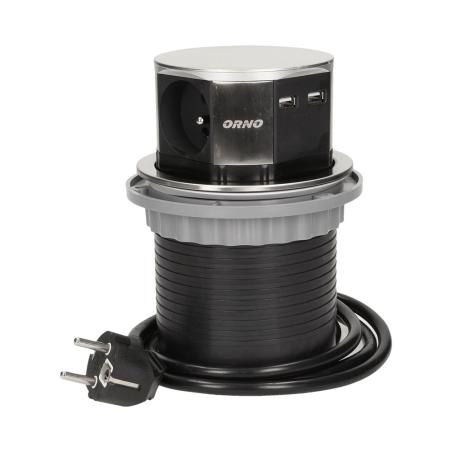 Gniazdo wpuszczane w blat 3x250V z ładowarką USB 1,5m INOX OR-AE-1381