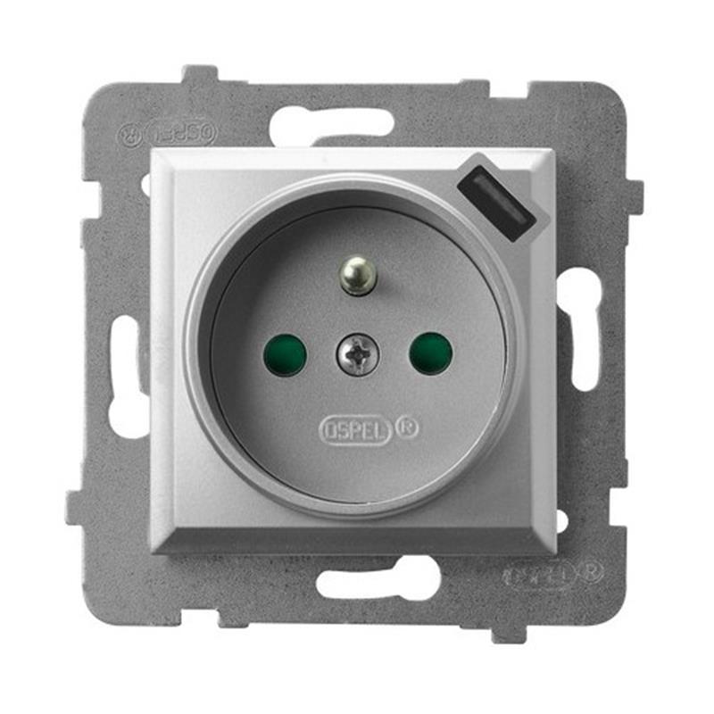 Ospel Aria srebrny - gniazdo pojedyncze (+0) z przesłonami i ładowarką GP-1UZPUSB/m/18