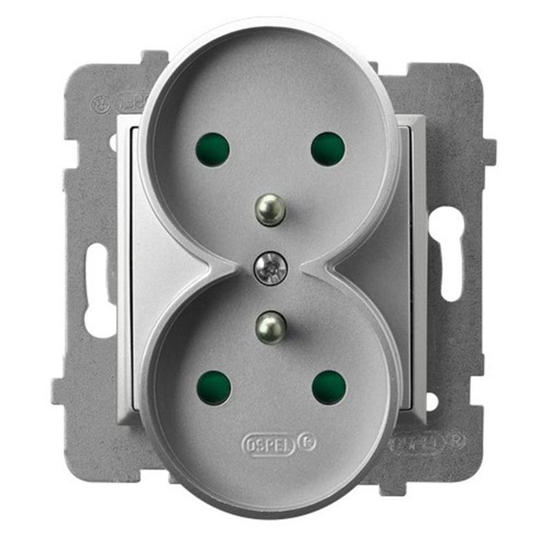 Ospel Aria srebrny - gniazdo podwójne (+0) do ramki z przesłonami GP-2URZP/m/18