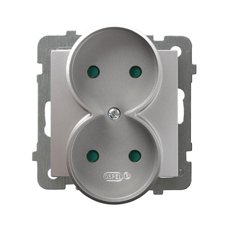 Ospel AS srebrny - gniazdo podwójne do ramki z przesłonami GP-2GRP/m/18