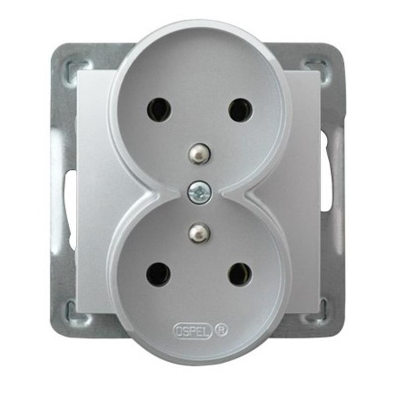 Ospel Impresja srebrny - gniazdo podwójne (+0) do ramki GP-2YRZ/m/18