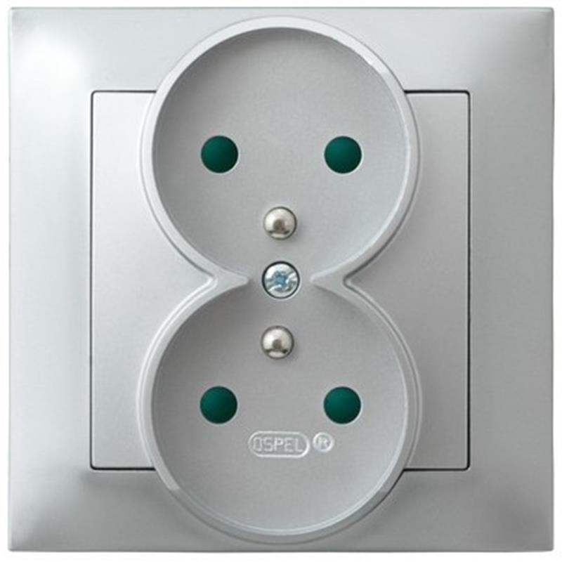 Ospel Impresja srebrny - gniazdo podwójne (+0) z przesłonami GP-2YZP/18 Ospel Impresja srebrny - gniazdo podwójne (+0) z przesłonami GP-2YZP/18