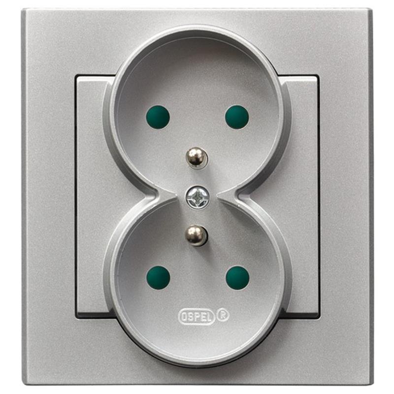 Ospel Sonata srebrny - gniazdo podwójne (+0) z przesłonami GP-2RZP/38 Ospel Sonata srebrny - gniazdo podwójne (+0) z przesłonami GP-2RZP/38