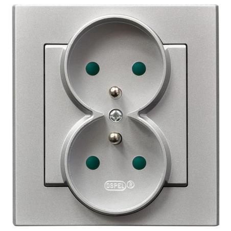 Ospel Sonata srebrny - gniazdo podwójne (+0) z przesłonami GP-2RZP/38