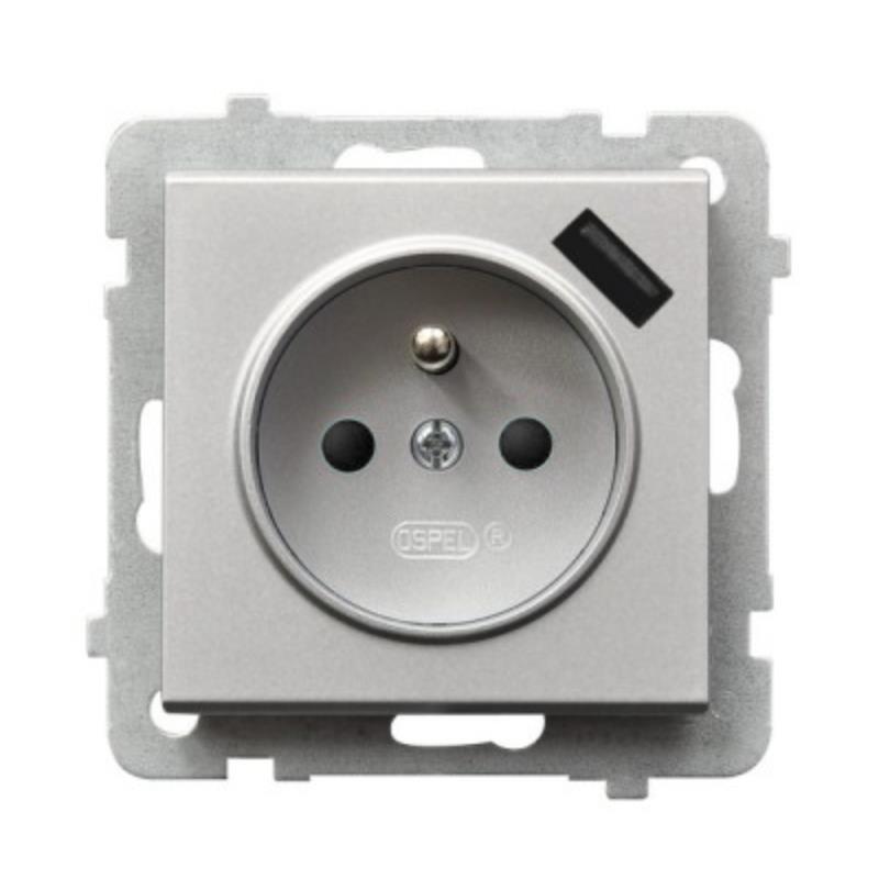 Ospel Sonata srebrny - gniazdo z uziemieniem + USB GP-1RZPUSB/m/38
