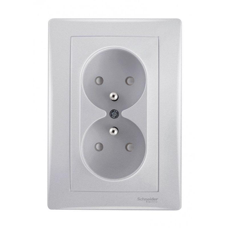 Schneider Sedna aluminium - gniazdo podwójne z przesłonami (+0)