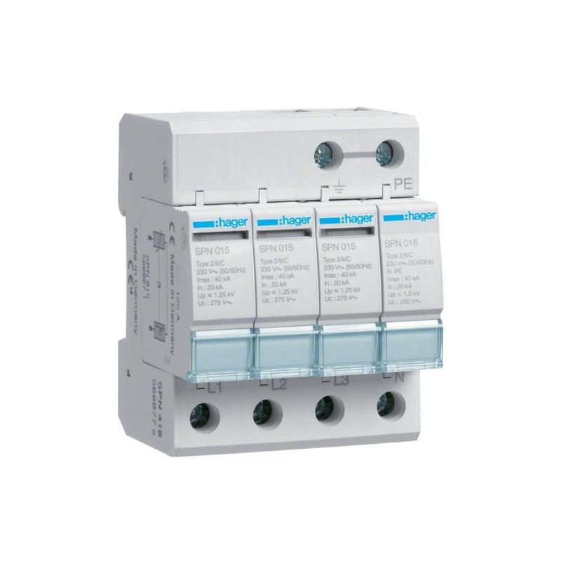 Ogranicznik przepięć T2, 4P, sieć TN-S/TT, Imax 40kA, Up≤1,25kV - SPN418 Ogranicznik przepięć T2, 4P, sieć TN-S/TT, Imax 40kA, Up≤1,25kV - SPN418