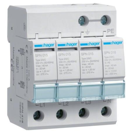 Ogranicznik przepięć T2, 4P, sieć TN-S/TT, Imax 40kA, Up≤1,25kV - SPN418