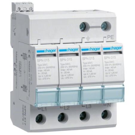 Ogranicznik przepięć T2, 4P, sieć TN-S, Imax 40kA, Up≤1,25kV, styk FM - SPN417 Hager Polo