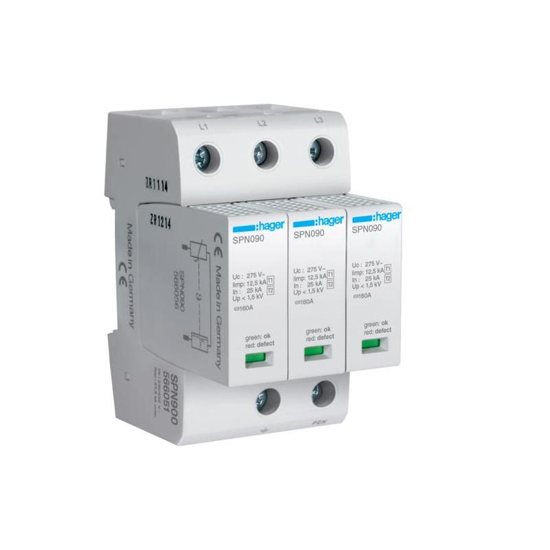Ogranicznik przepięć 3P ze stykiem sygnalizacyjnym, MOV T1+T2, 12,5 kA, TN-C - SPN900R Ogranicznik przepięć 3P ze stykiem sygnalizacyjnym, MOV T1+T2, 12,5 kA, TN-C - SPN900R
