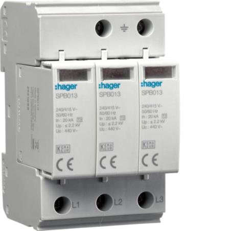 Ogranicznik przepięć T2 SPD, 3P, IT 3+0, In 20kA, Imax 40kA, Up≤2,2kV - SPB513