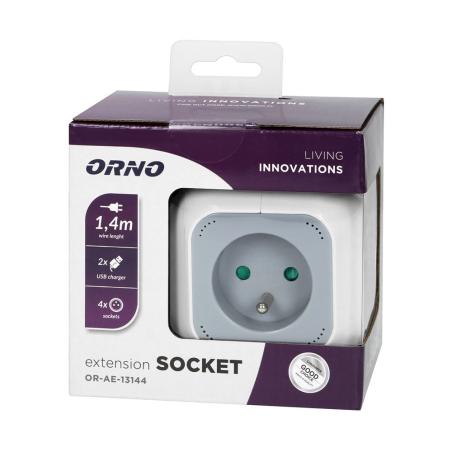 Przedłużacz 4 krotny 2P+Z, ładowarka 2xUSB OR-AE-13144 szaro-biały