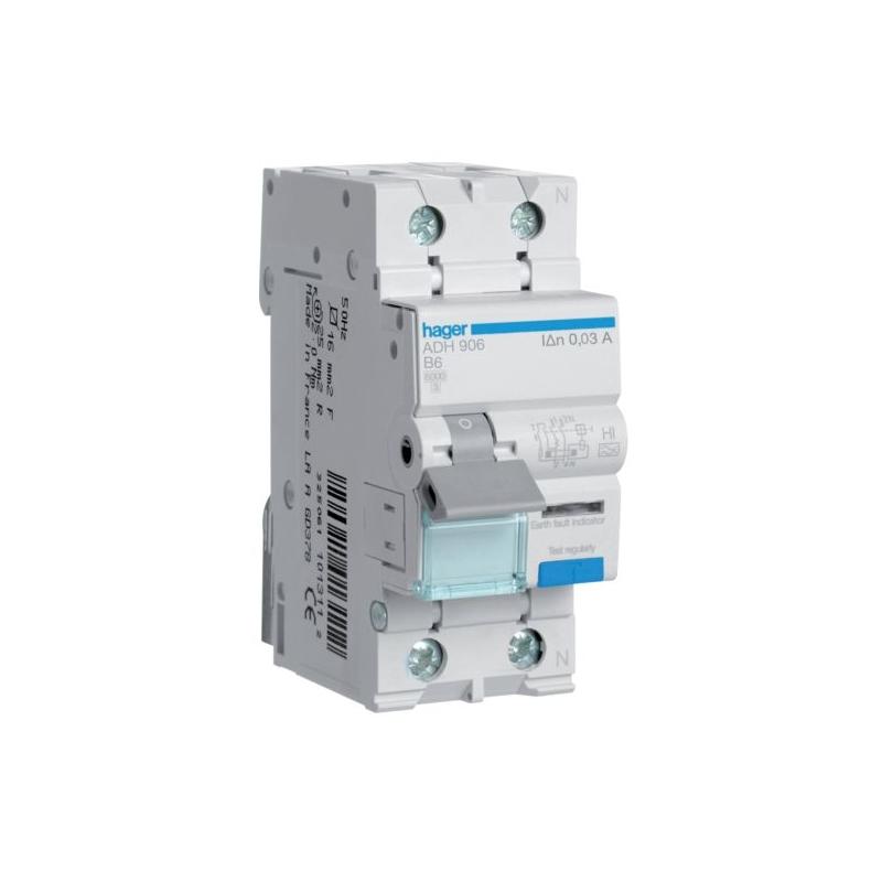 Wyłącznik różnicowoprądowy krótkozwłoczny z członem ADH966 16A C 30mA A 2pol Hager Wyłącznik różnicowoprądowy krótkozwłoczny z członem ADH966 16A C 30mA A 2pol Hager