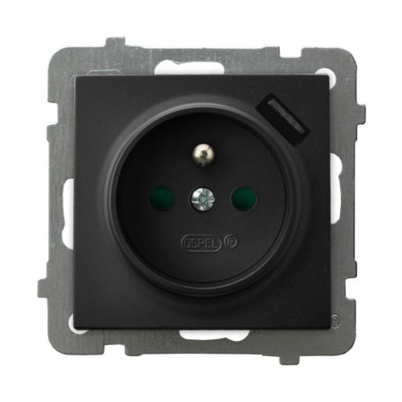 Ospel AS czarny - gniazdo z uziemieniem + USB GP-1GZPUSB/m/33