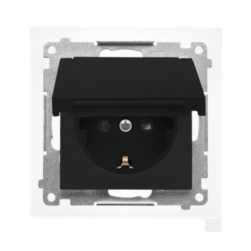 Simon 55 czarny - gniazdo schuko z przesłonami i uszczelką ramki TGSZ1BCZ.01/149