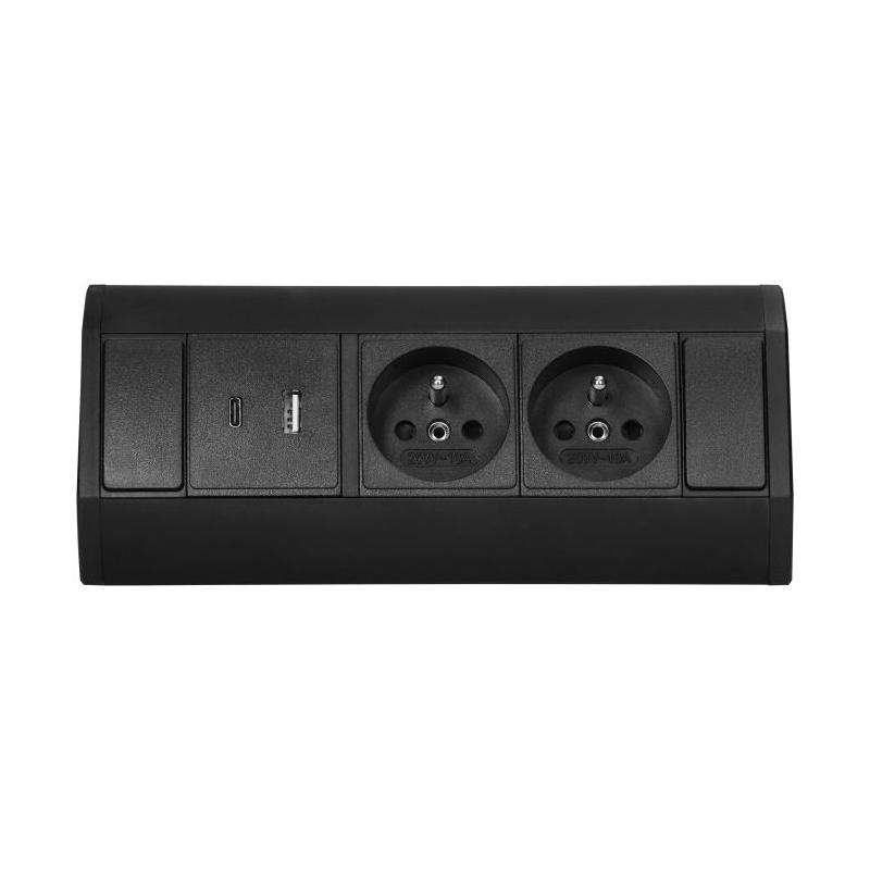 Gniazdo meblowe podszafkowe 2x2P+Z, 2xUSB (typ A+C 2,4A), czarne