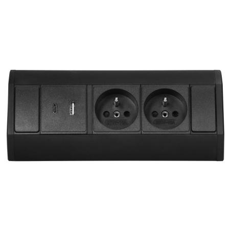 Gniazdo meblowe podszafkowe 2x2P+Z, 2xUSB (typ A+C 2,4A), czarne