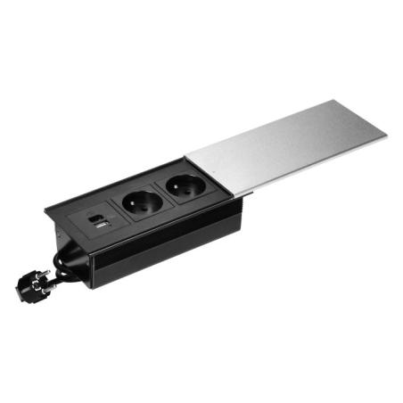 Gniazdo meblowe z przesuwną pokrywą, 2x2P+Z (French), USB A+C, srebrne