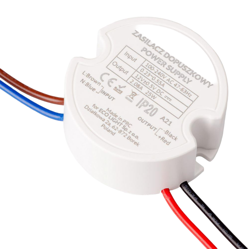 Zasilacz do puszki fi60 2,08A 25W 12V IP67 50x50x22