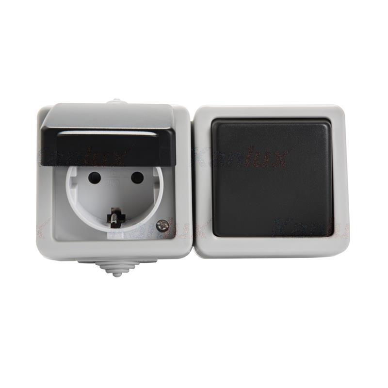 Kanlux Tekno szary - łącznik natynkowy jednobiegunowy i gniazdo natynkowe Schuko IP54