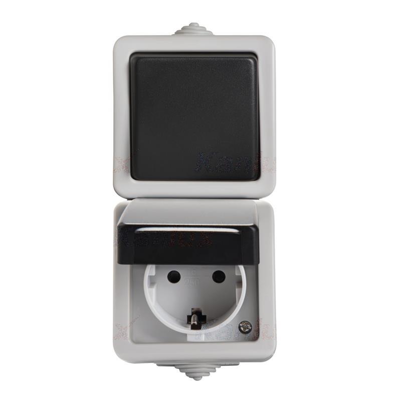 Kanlux Tekno szary - łącznik natynkowy jednobiegunowy i gniazdo natynkowe Schuko  IP54