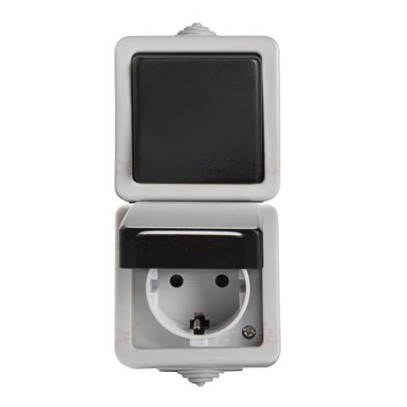 Kanlux Tekno szary - łącznik natynkowy jednobiegunowy i gniazdo natynkowe Schuko  IP54