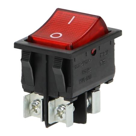 Łącznik kołyskowy podświetlany, przycisk czerwony, czarna obudowa, 20(10)A / 250V