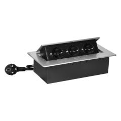 Gniazdo meblowe wpuszczane w blat , przewodem 1,5m, 3x2P+Z (Schuko), srebrne