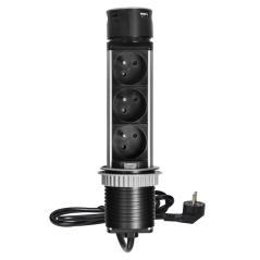 Gniazdo meblowe Ø6cm wysuwane z blatu z ładowarką USB i przewodem 1,5m, 3x2P+Z, 2xUSB (typ A i typ C, 2,4A), INOX