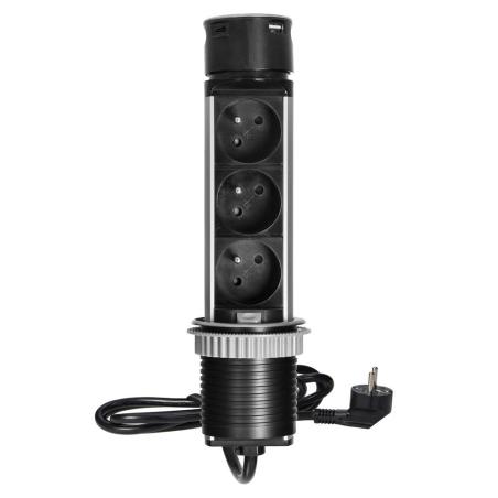 Gniazdo meblowe Ø6cm wysuwane z blatu z ładowarką USB i przewodem 1,5m, 3x2P+Z, 2xUSB (typ A i typ C, 2,4A), INOX