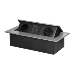 Gniazdo meblowe wpuszczane w blat z klapką, 2x230V typ E (2P+Z) + USB-A/USB-C 3,6A, srebrne