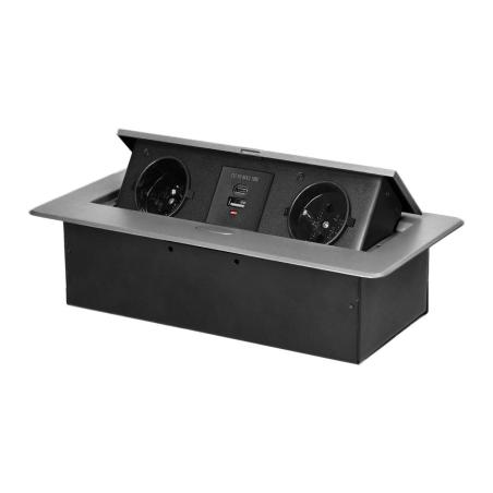 Gniazdo meblowe wpuszczane w blat z klapką, 2x230V typ E (2P+Z) + USB-A/USB-C 3,6A, srebrne