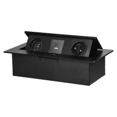 Gniazdo meblowe wpuszczane w blat z klapką, 2x230V (typ E) + USB-A i USB-C 3,6A, czarne IP20