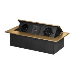 Gniazdo meblowe wpuszczane w blat z klapką, 2x 230V (typ E) + USB-A/USB-C 3,6A, złote IP20
