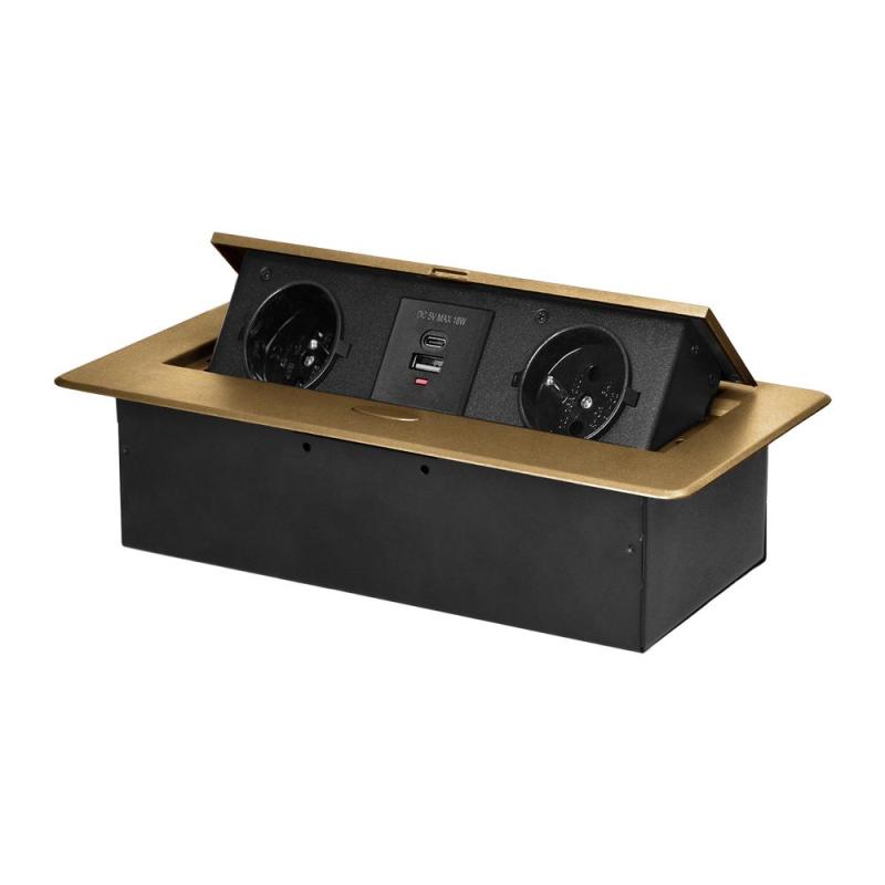 Gniazdo meblowe wpuszczane w blat z klapką, 2x 230V (typ E) + USB-A/USB-C 3,6A, złote IP20 Gniazdo meblowe wpuszczane w blat z klapką, 2x 230V (typ E) + USB-A/USB-C 3,6A, złote IP20