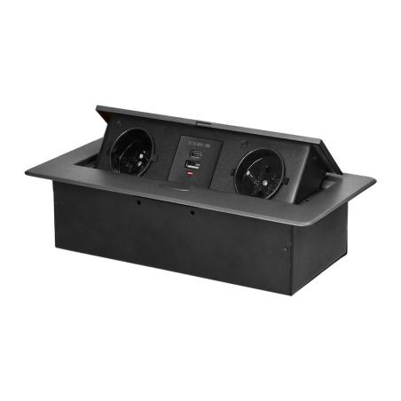 Gniazdo meblowe wpuszczane w blat z klapką, 2x 230V (typ E) + USB-A/USB-C 3,6A, grafitowe
