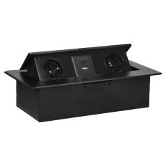 Gniazdo meblowe wpuszczane w blat z klapką, 2x230V (typ E) + USB-A i USB-C 3,6A, czarne IP20