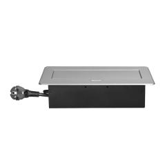 Gniazdo meblowe wpuszczane w blat srebrne 2x230V (typ E) + USB-A/USB-C 3,6A, przewód 1,5 m, klapka uchylna
